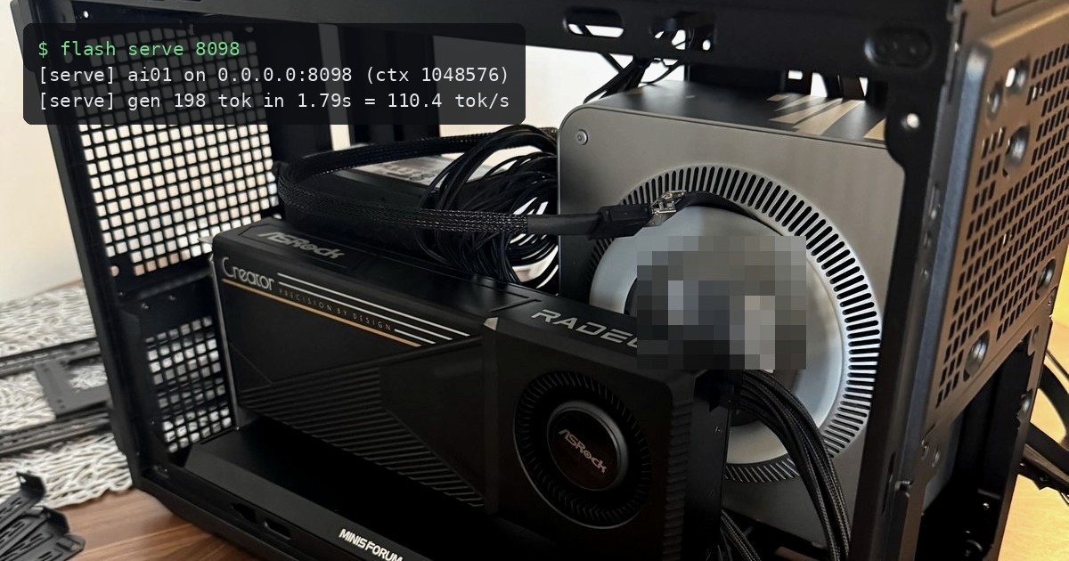 The R9700 and the Strix Halo mini PC inside the Lian Li B4, with the engine's server log