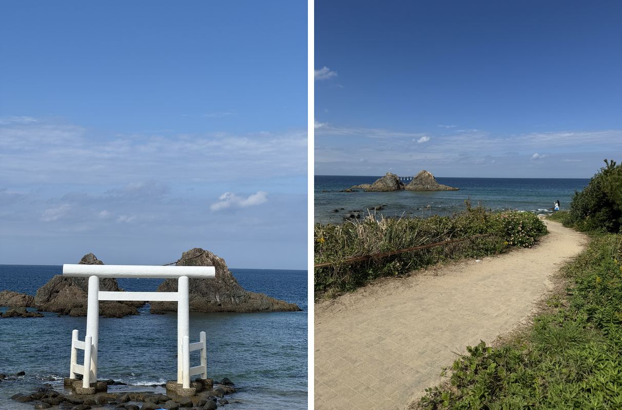 Left: a white torii gate in the sea in front of two rocks. Right: a dirt path along the coast leading towards the same rocks
