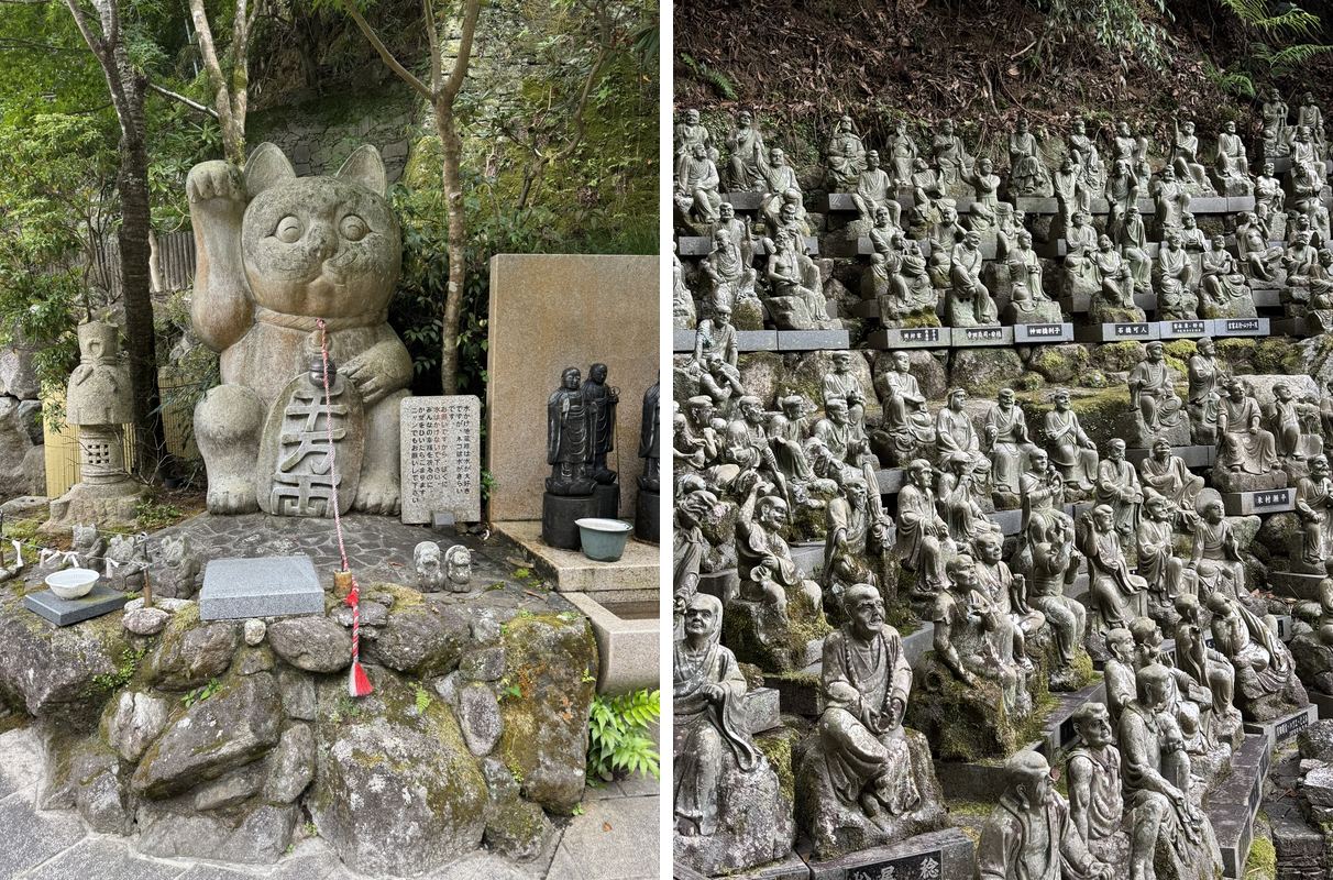 Left: a large stone maneki-neko statue at the temple. Right: rows and rows of small stone Buddhist disciple statues on a hillside