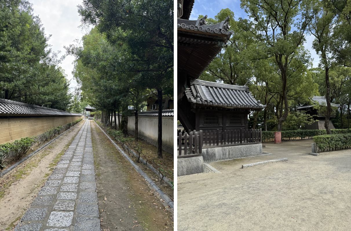 Left: a stone-paved path between long temple walls and trees. Right: tiled temple buildings in a sandy courtyard